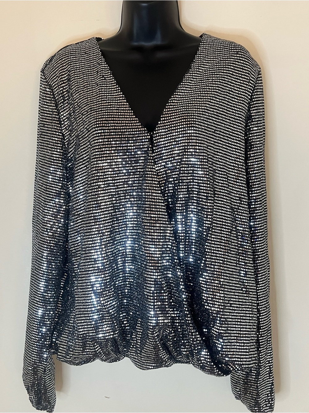 INC International Concepts Black and Silver Sequin V-Neck Top